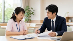 資料を見ながら事業の引き継ぎについて話し合う二人（イメージ）