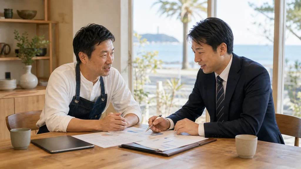店舗内で資料を見ながら引き継ぎを相談する二人（イメージ）