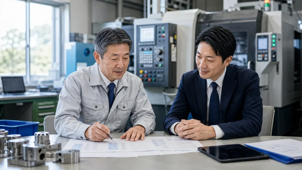 工場内で資料を見ながら話し合う二人（イメージ）