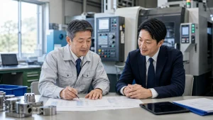 工場内で資料を見ながら話し合う二人（イメージ）