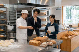 ベーカリーのM&Aで製造設備と店舗運営を確認する経営者と承継チーム