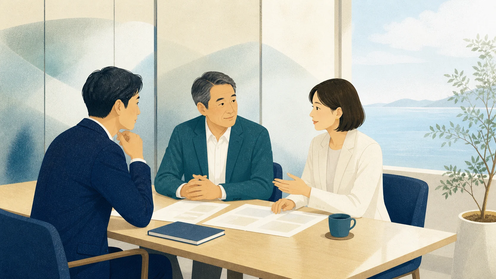 経営者とアドバイザーが資料を囲み、事業の将来を相談する様子を描いたイラスト