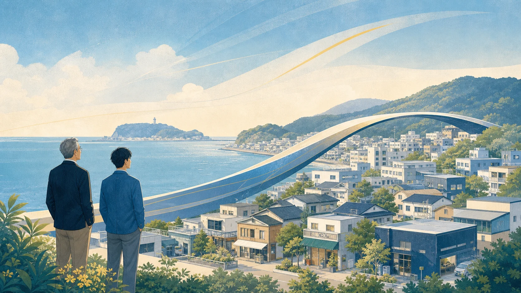 湘南を思わせる海辺の街と、人から人へ事業をつなぐ未来を描いたイラスト