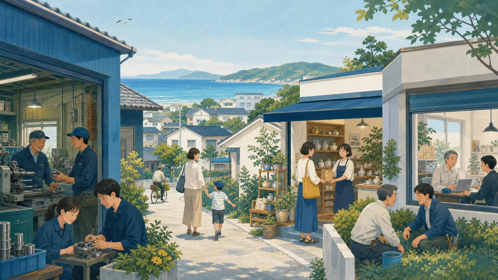 地域の工場や店舗で人と技術が次の世代へ引き継がれる様子を描いたイラスト
