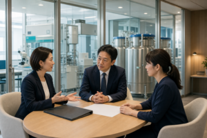 窓のある打ち合わせ室で資料を囲む三人（イメージ）