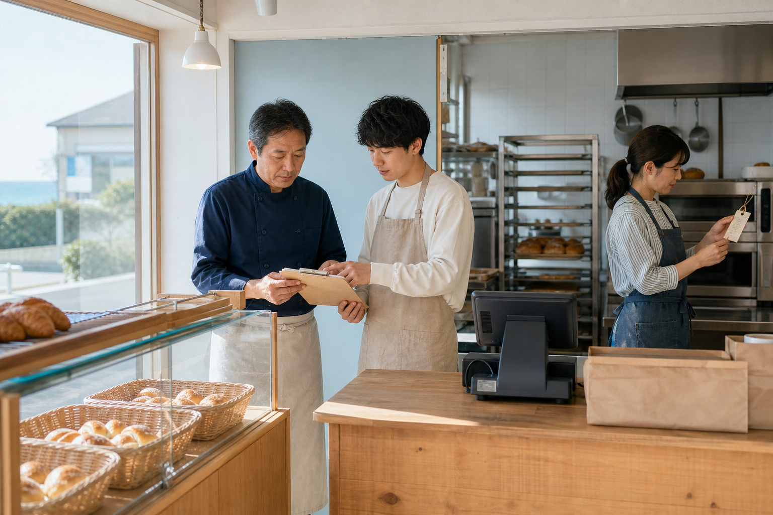 ベーカリーの店内で資料を見て話す人たち(イメージ)
